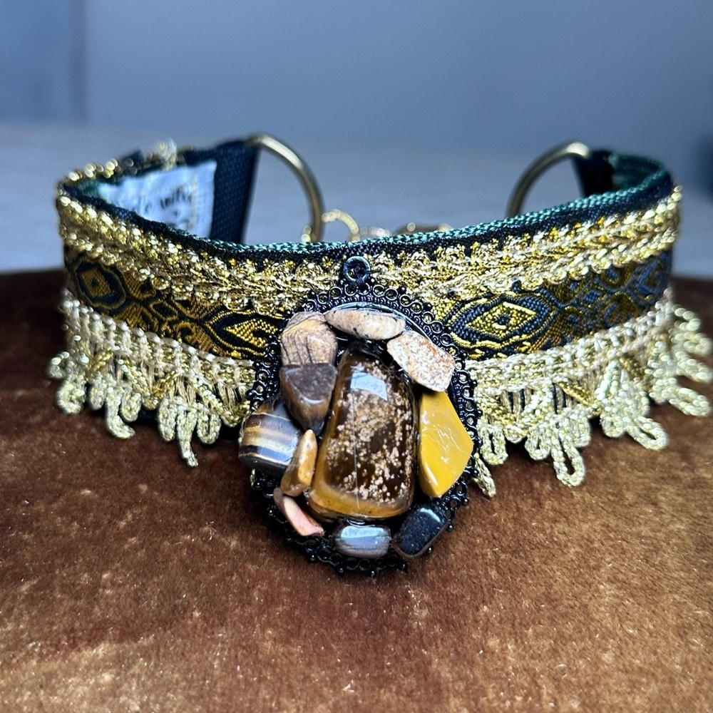 Handmade Choker Artisan Gold and Black Necklace with Tigers Eye Pendant Signed